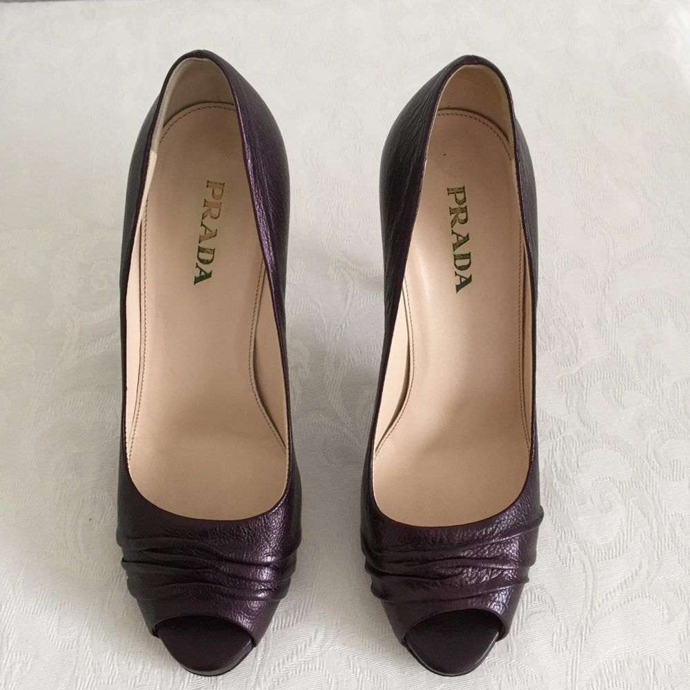 Prada gathered leather peep toe heels